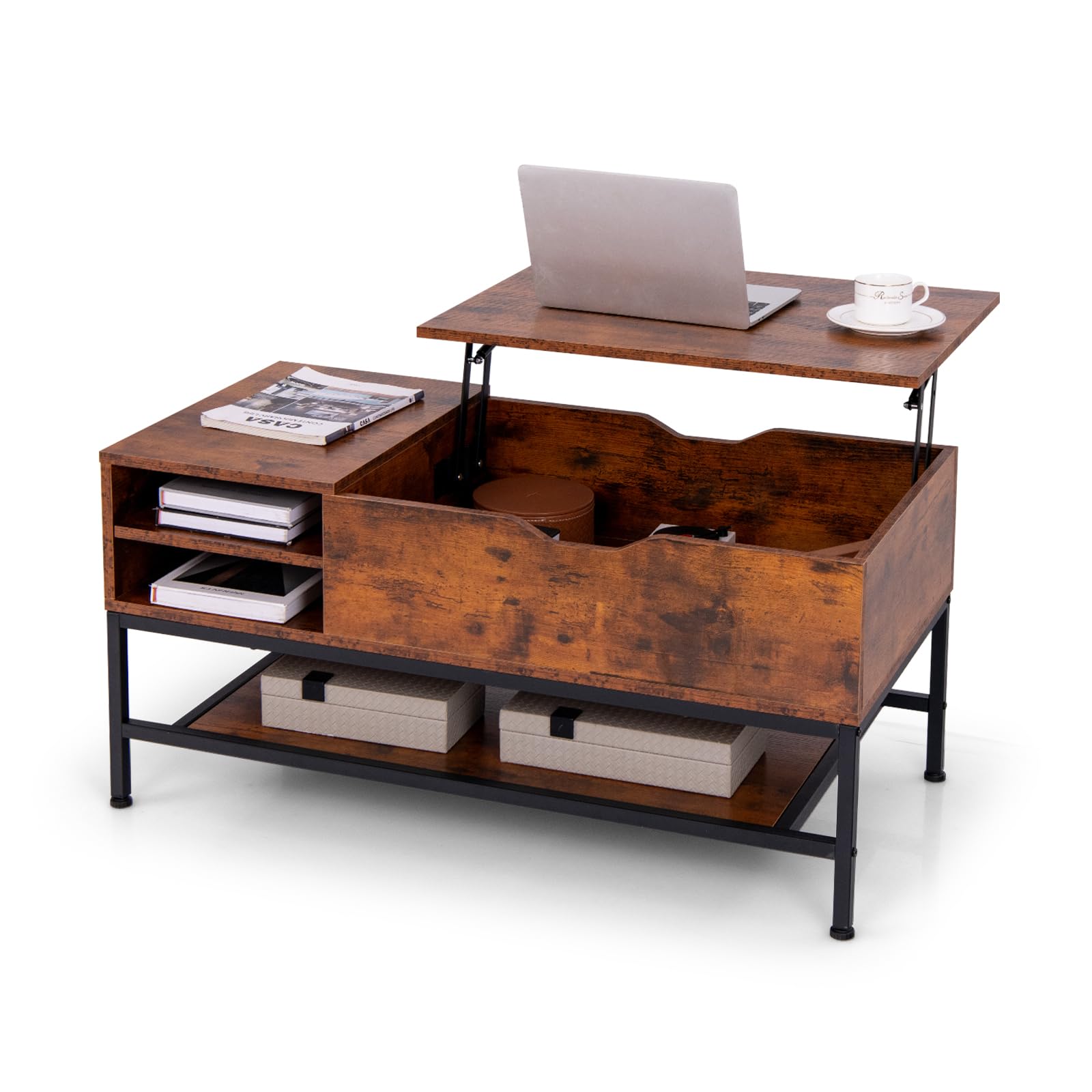 Table basse relevable Tangkula, table de salon industrielle avec compartiment caché (industrielle, marron rustique)